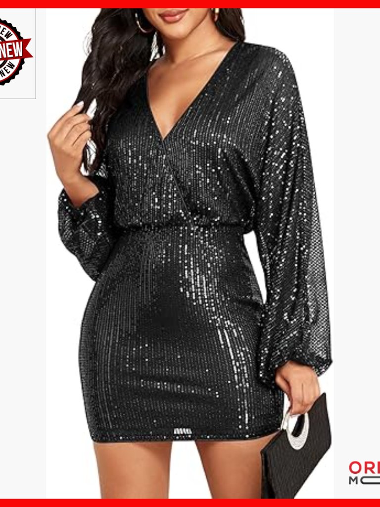 Sequin Mini Dress Long Sleeve V Neck Bodycon Party Prom Cocktail